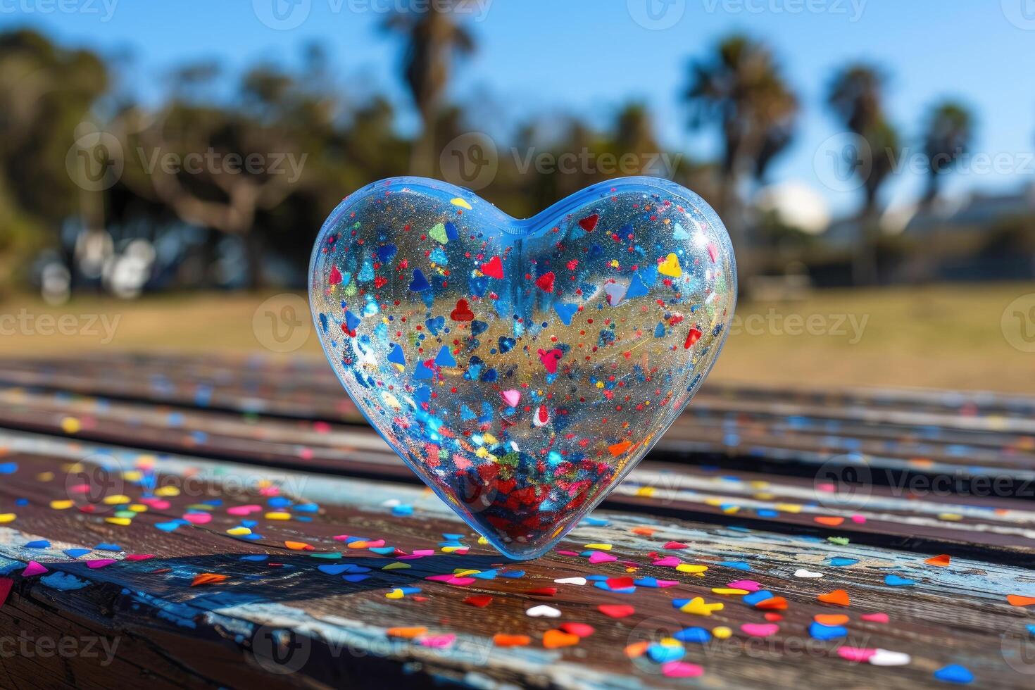AI generated heart shaped confetti falling from a bright blue sky professional photography background photo