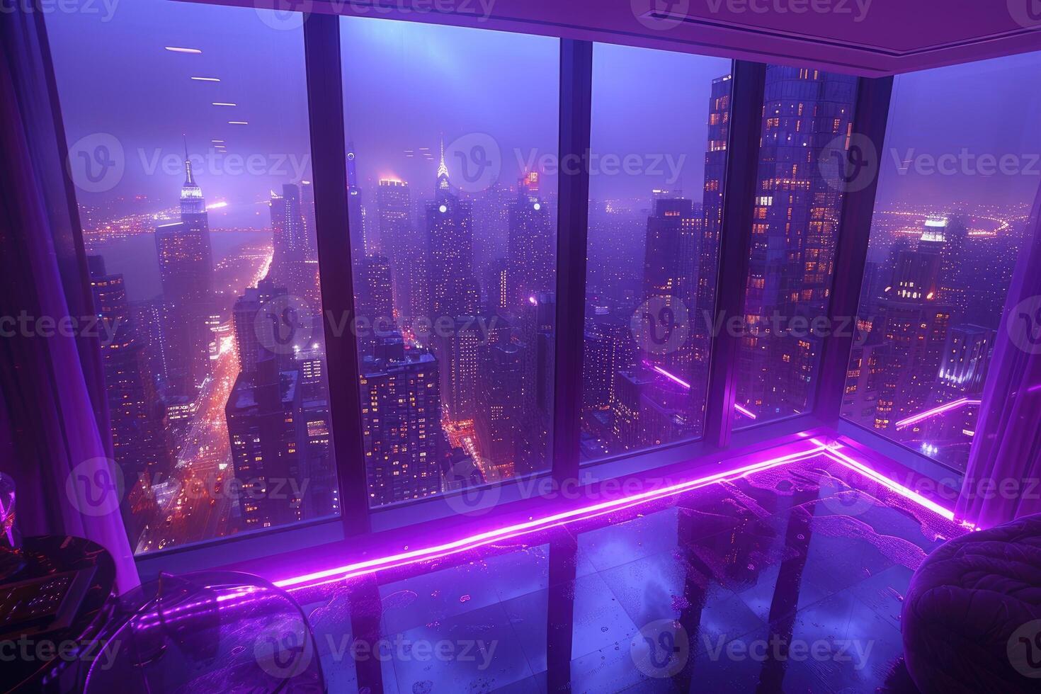 AI generated Panoramic window showing a view of a night time city lit up with lights and rainy professional photography photo