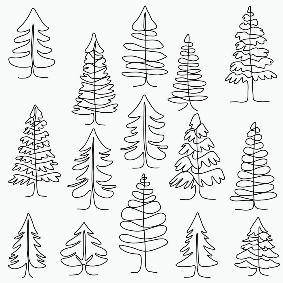 Pine trees freehand drawing flat design. vector
