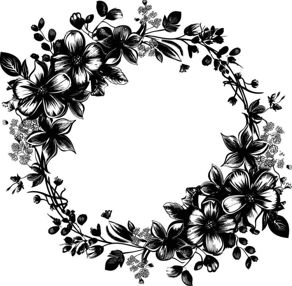 AI generated floral frame and wreath element for wedding invitation template black color only vector