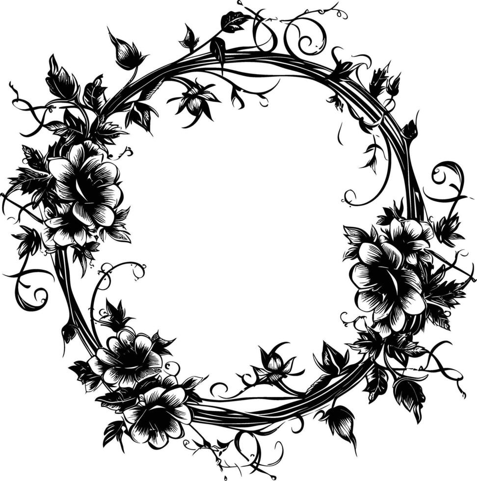 AI generated floral frame and wreath element for wedding invitation template black color only vector