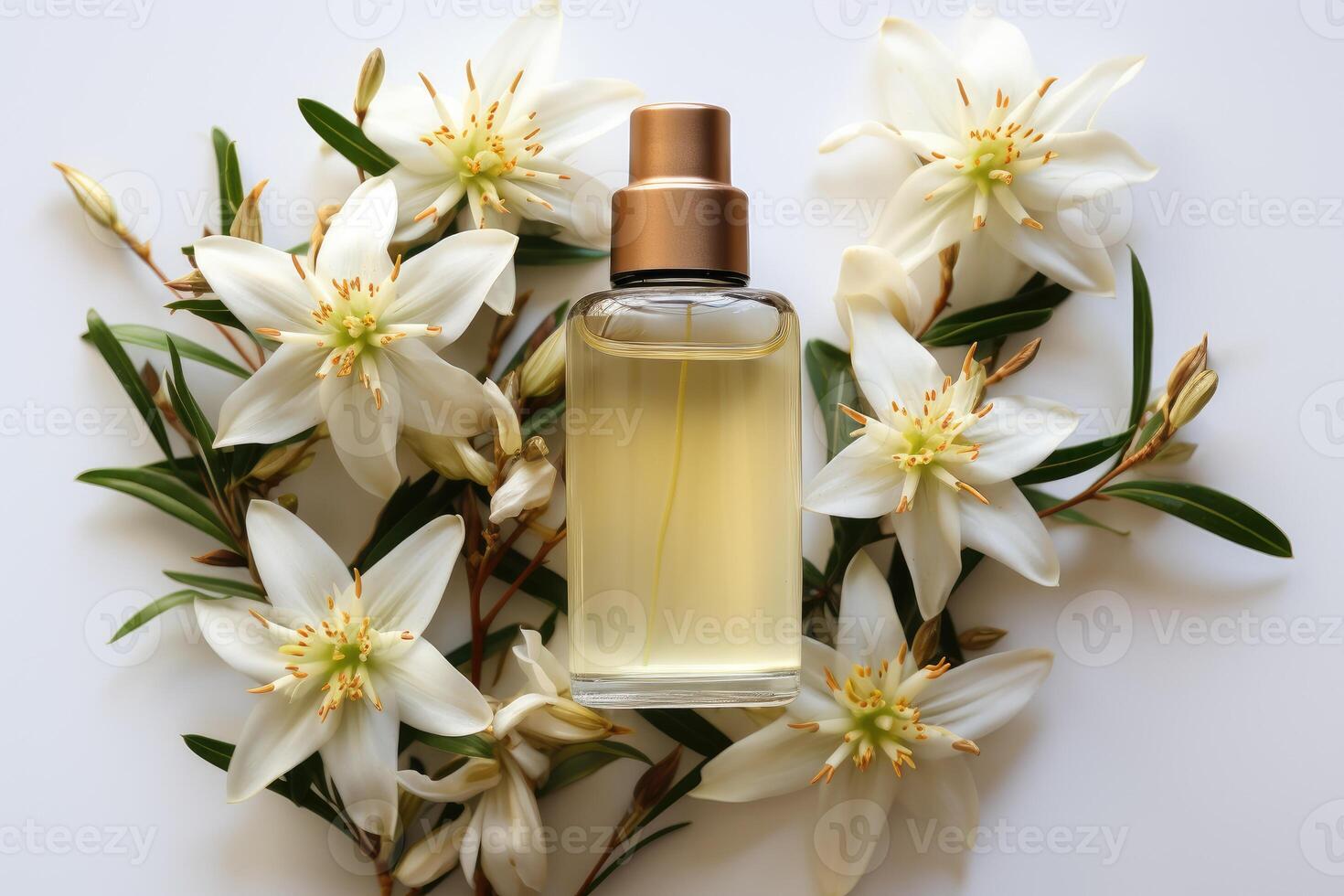 AI generated vanilla oil extract with isolated table professional photography photo