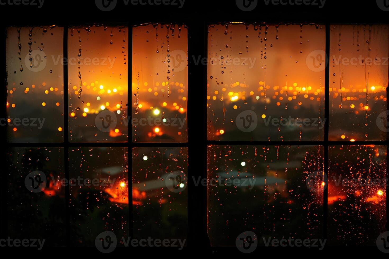 AI generated Panoramic window showing a view of a night time city lit up with lights and rainy professional photography photo