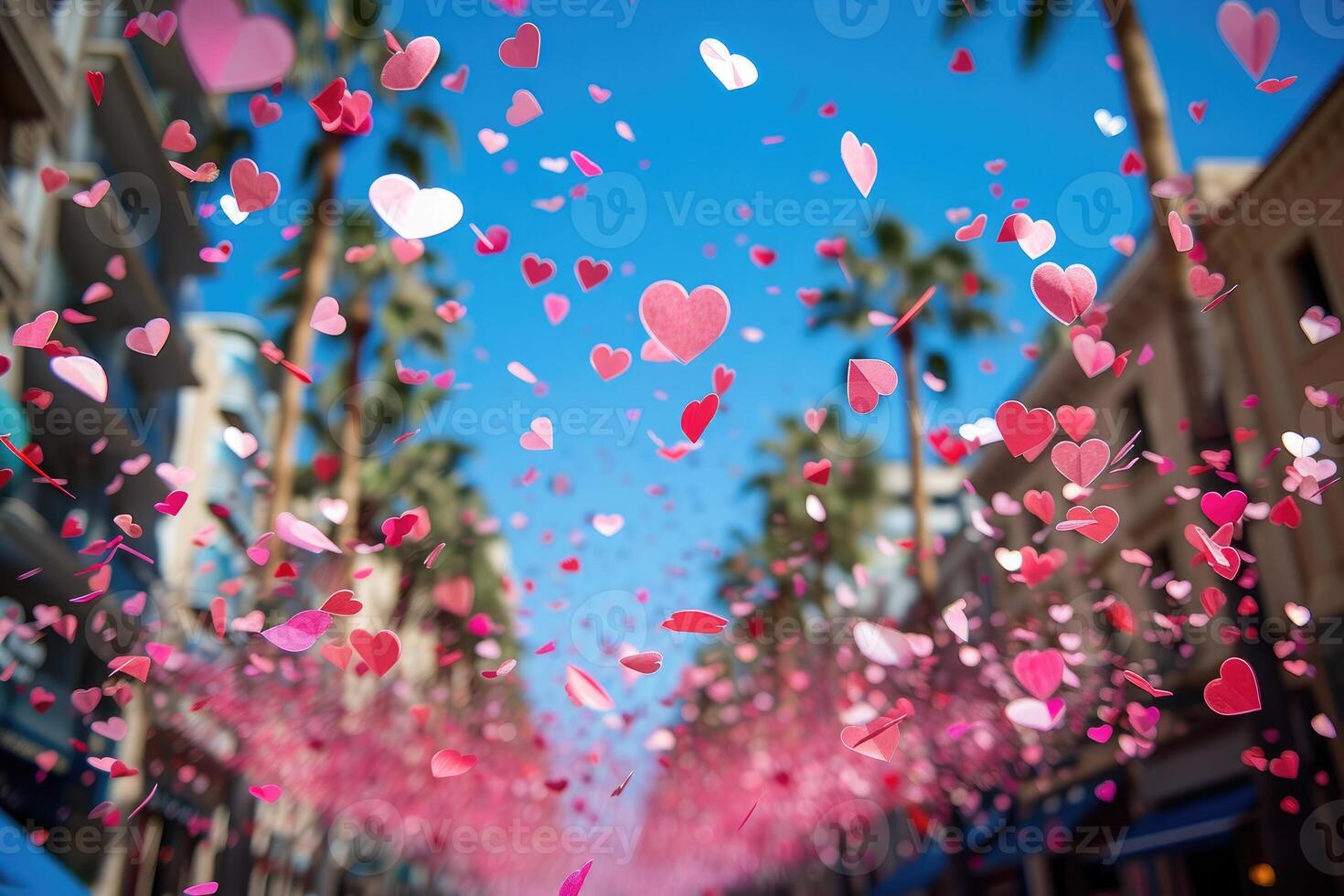 AI generated heart shaped confetti falling from a bright blue sky professional photography background photo