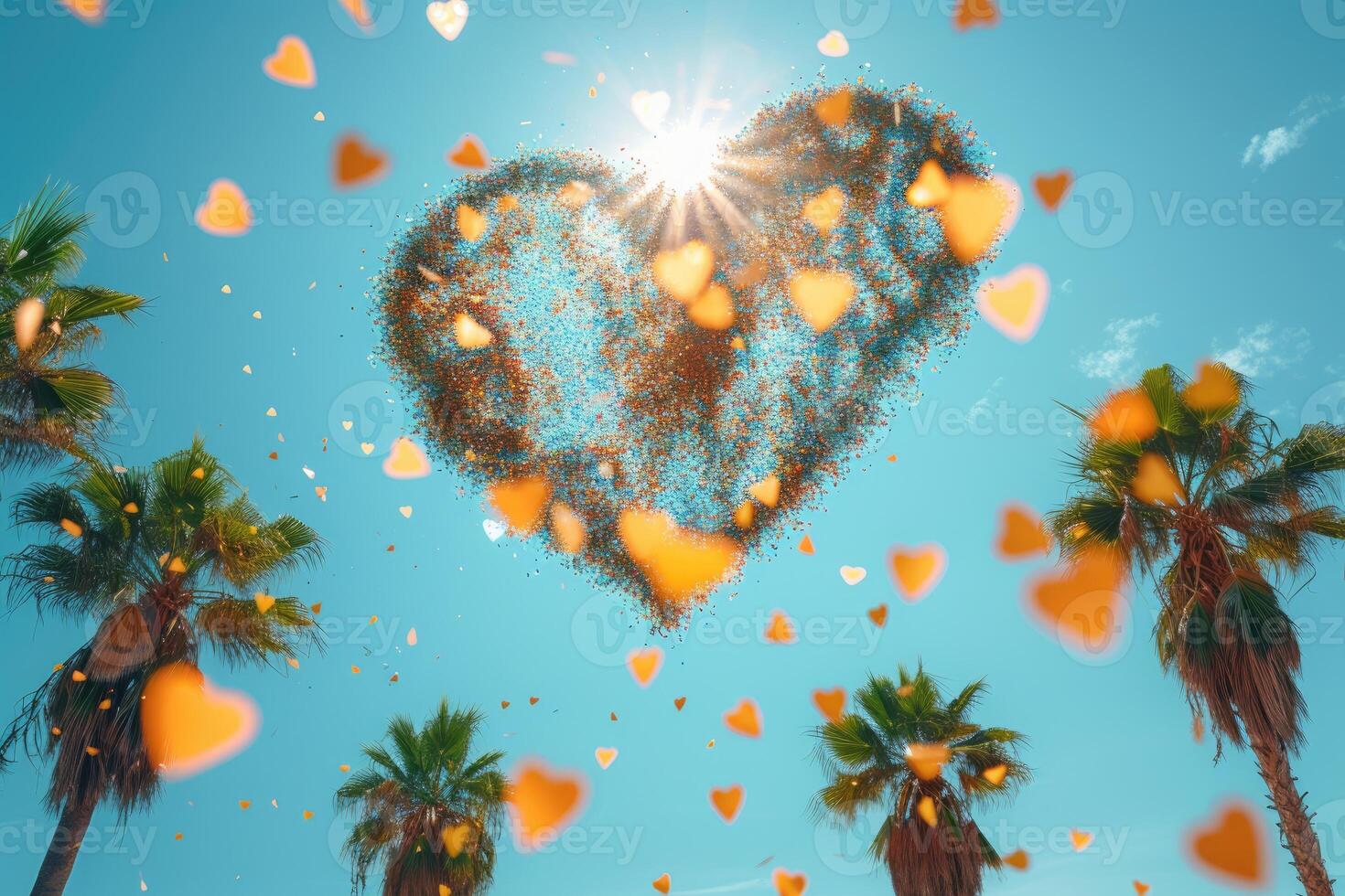 AI generated heart shaped confetti falling from a bright blue sky professional photography background photo