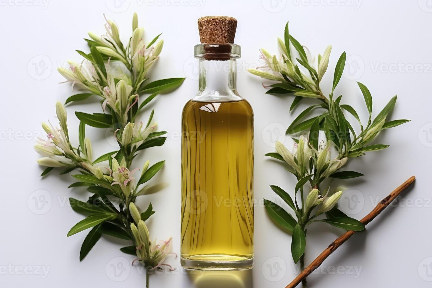 AI generated vanilla oil extract with isolated table professional photography photo