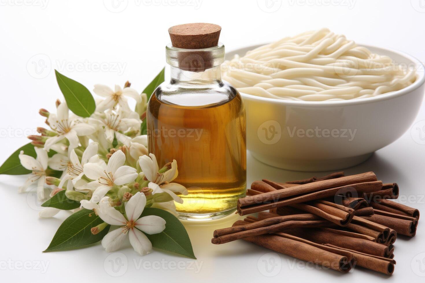 AI generated vanilla oil extract with isolated table professional photography photo