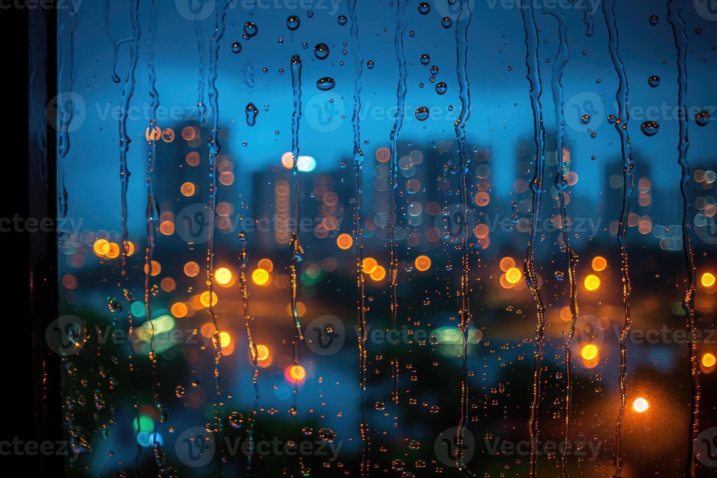 AI generated Panoramic window showing a view of a night time city lit up with lights and rainy professional photography photo