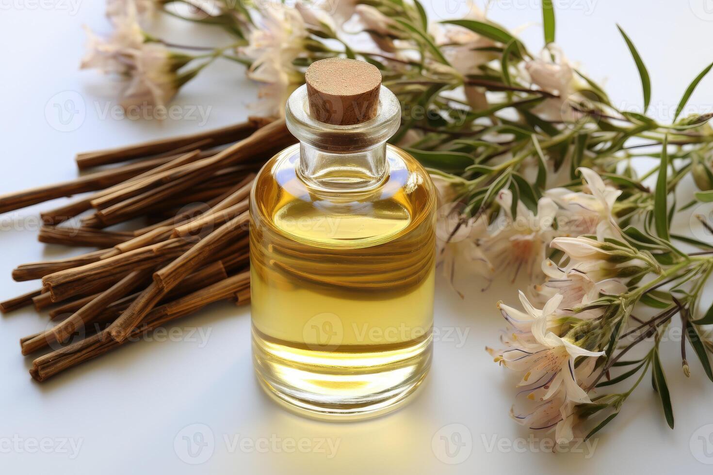 AI generated vanilla oil extract with isolated table professional photography photo
