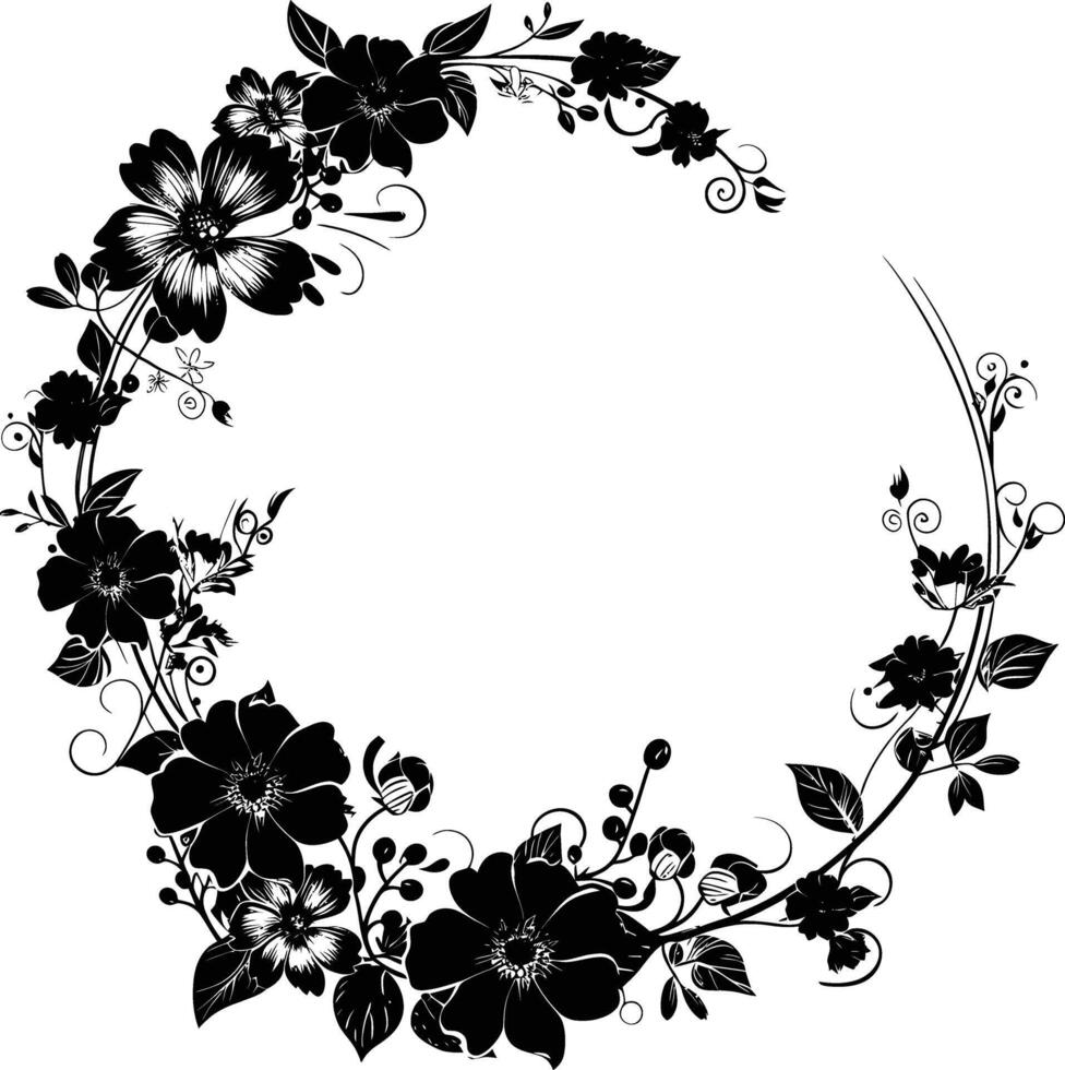 AI generated floral frame and wreath element for wedding invitation template black color only vector