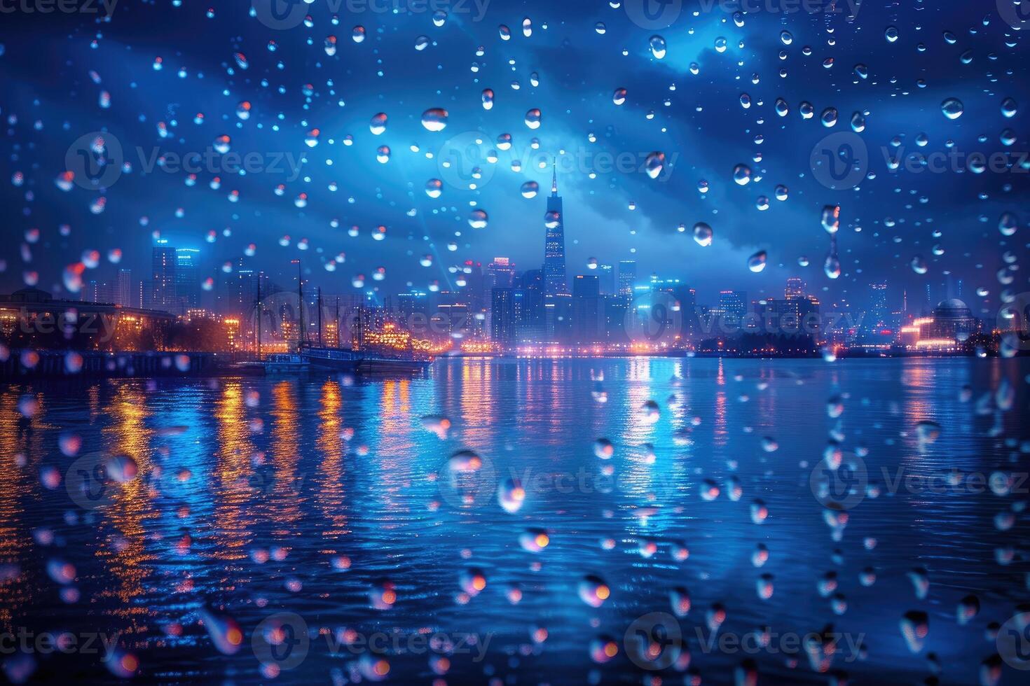 AI generated Panoramic window showing a view of a night time city lit up with lights and rainy professional photography photo