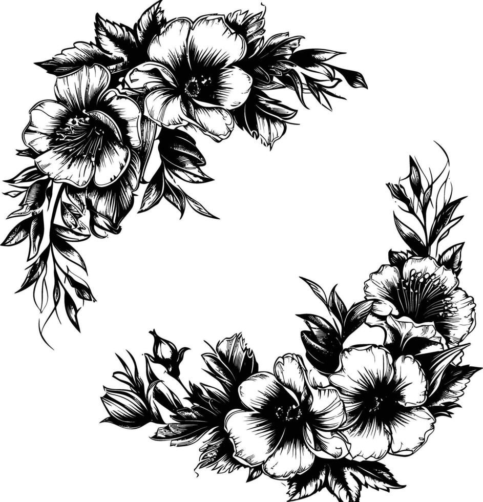 AI generated floral frame and wreath element for wedding invitation template black color only vector