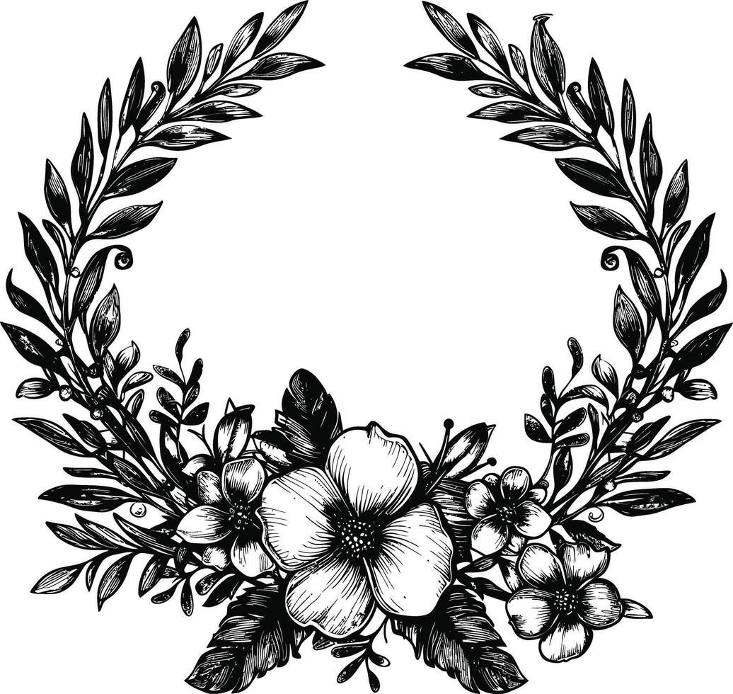 AI generated floral frame and wreath element for wedding invitation template black color only vector