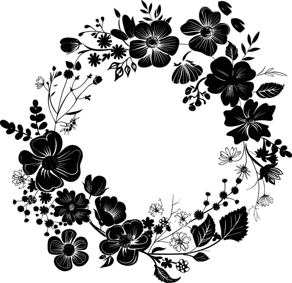 AI generated floral frame and wreath element for wedding invitation template black color only vector
