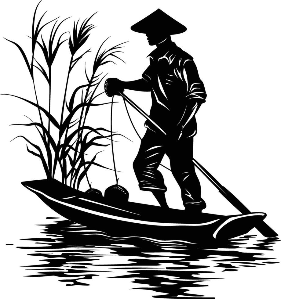 AI generated Silhouette fisherman black color only full body vector