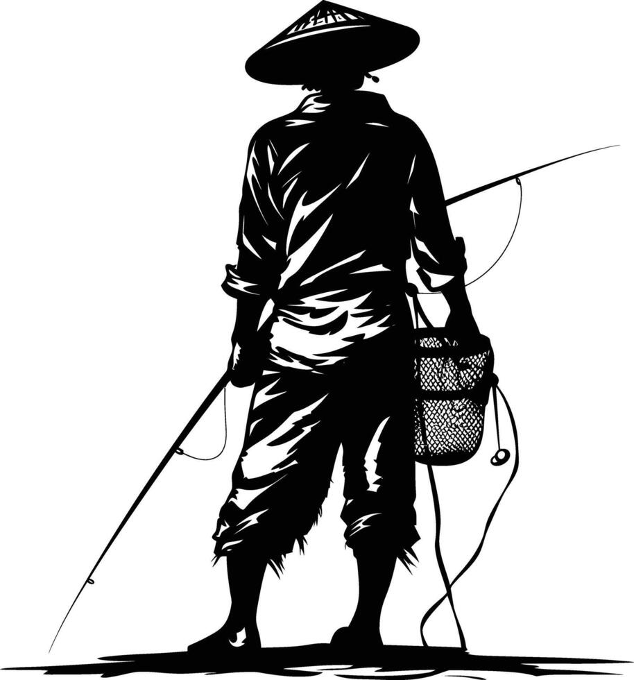 AI generated Silhouette fisherman black color only full body vector