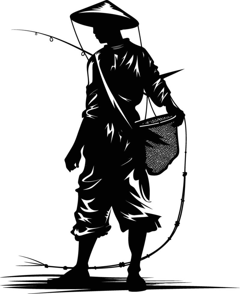 AI generated Silhouette fisherman black color only full body vector