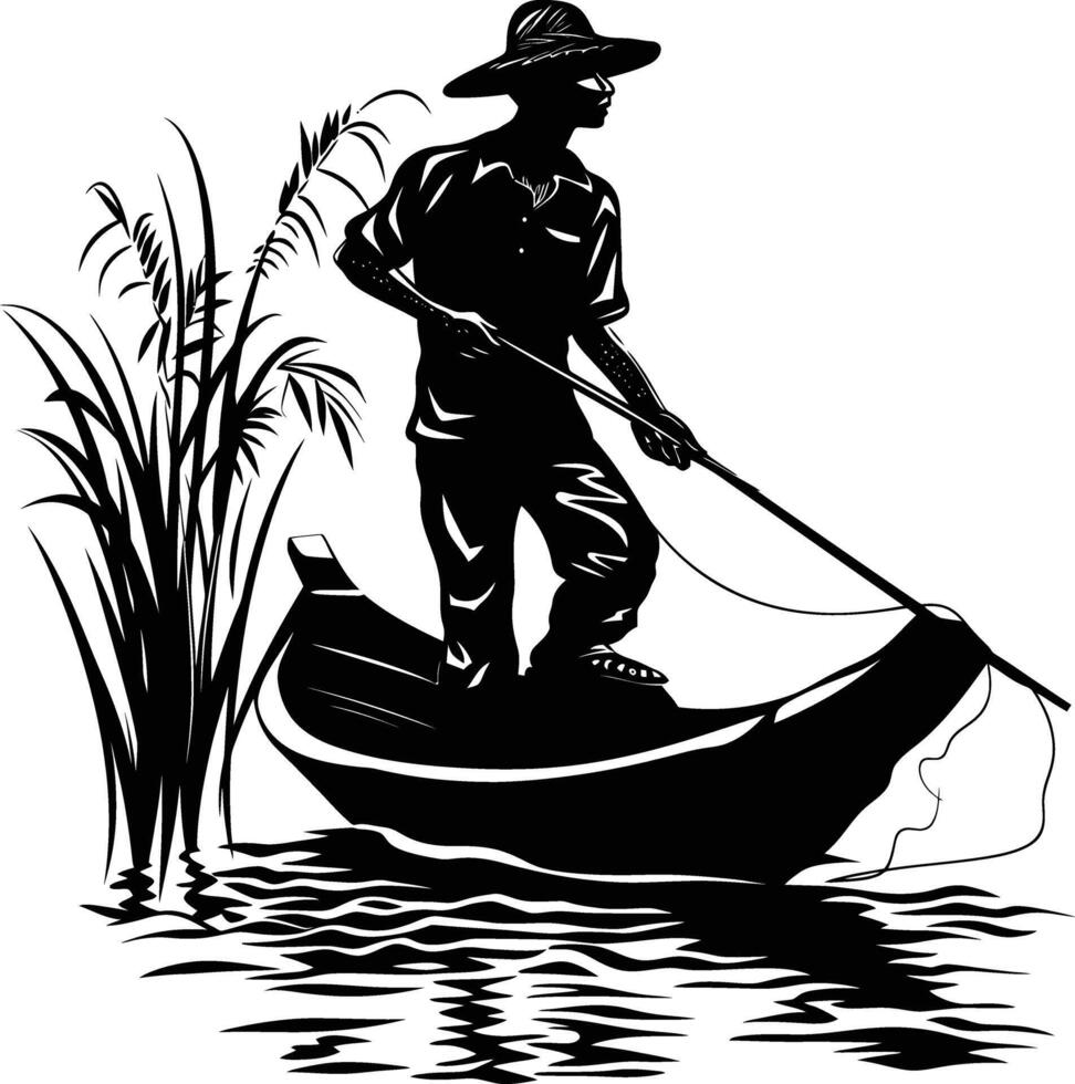 AI generated Silhouette fisherman black color only full body vector