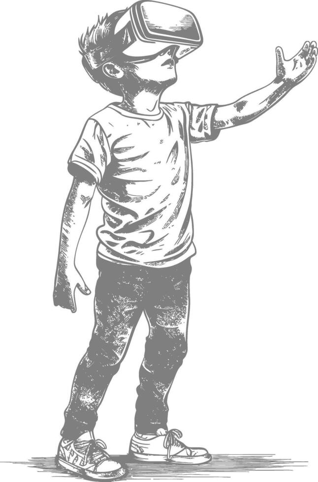 AI generated teenager playing virtual reality headset in old engraving style art vector