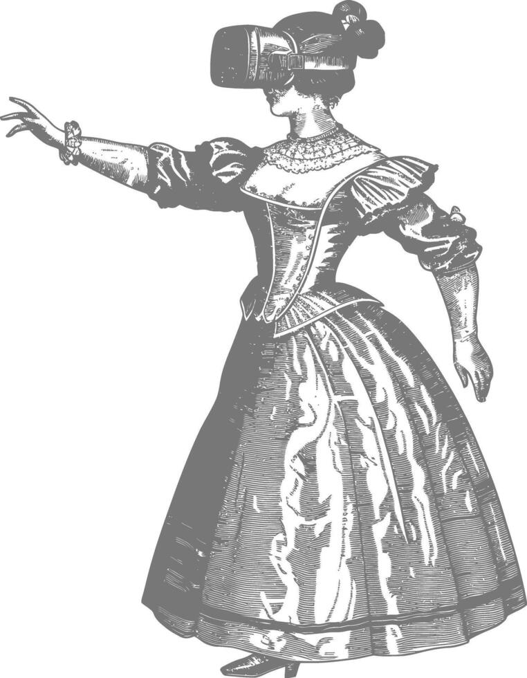 AI generated woman playing virtual reality headset in old engraving style art vector