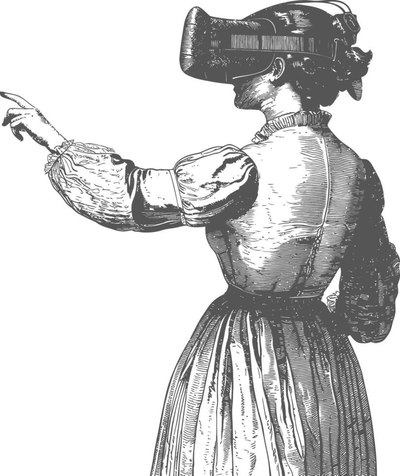 AI generated woman playing virtual reality headset in old engraving style art vector