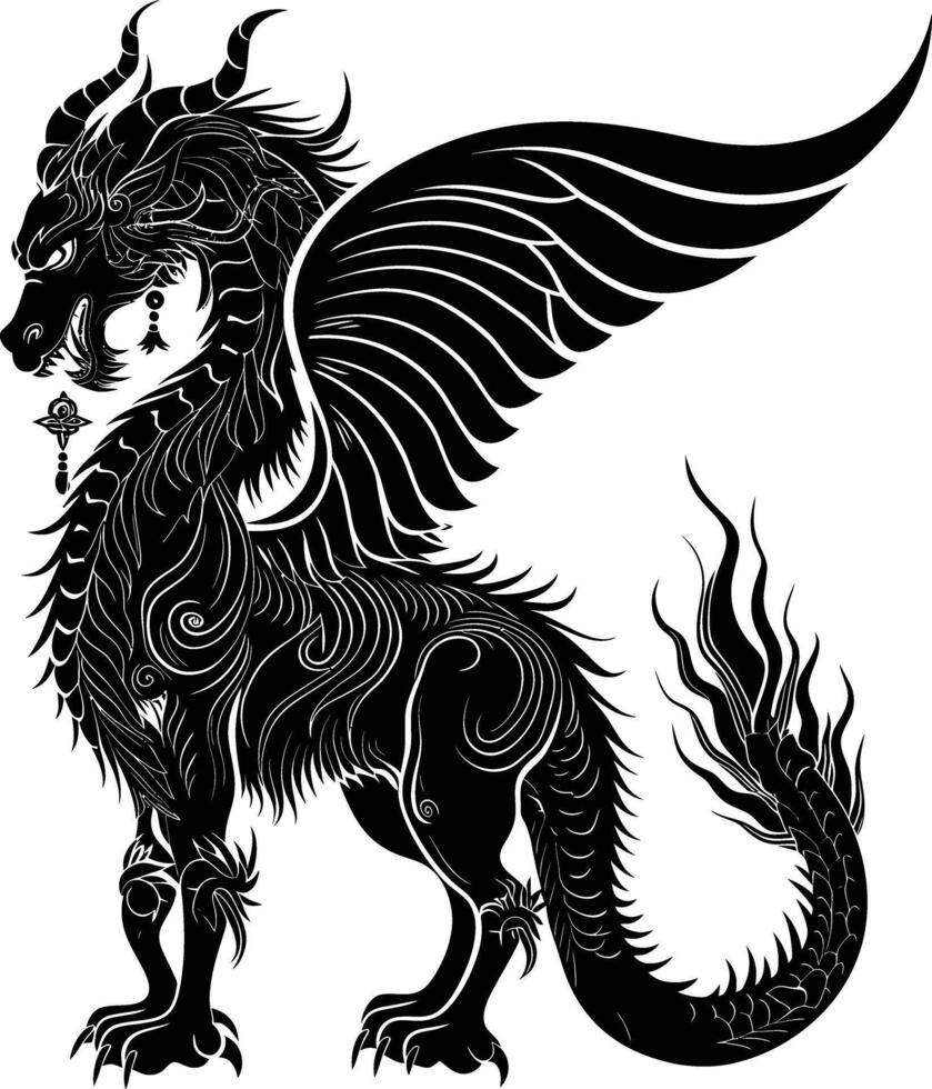 AI generated Silhouette Xiezhi or haetae the Mythical Creature ancient beast black color only vector