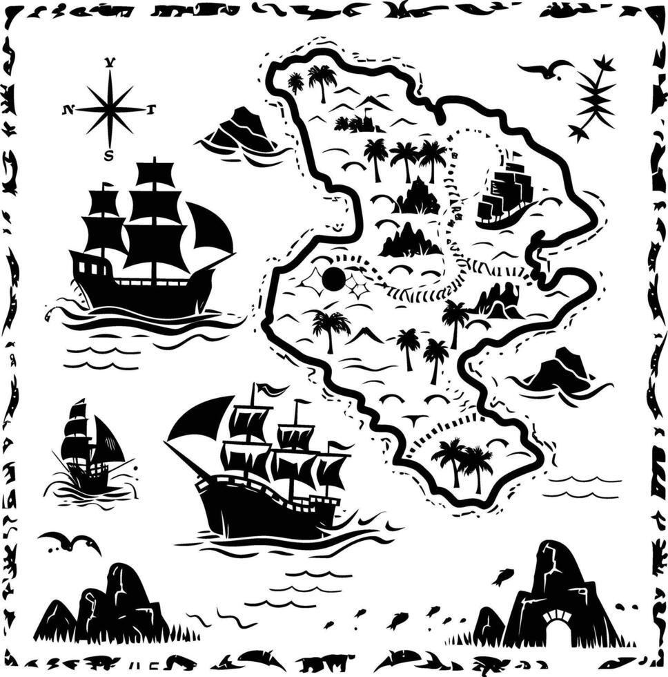 AI generated Silhouette Treasure Map black color only vector