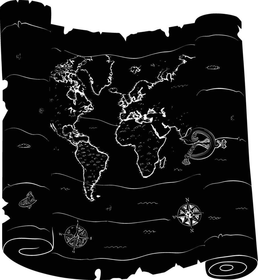 AI generated Silhouette Treasure Map Scroll Paper black color only vector