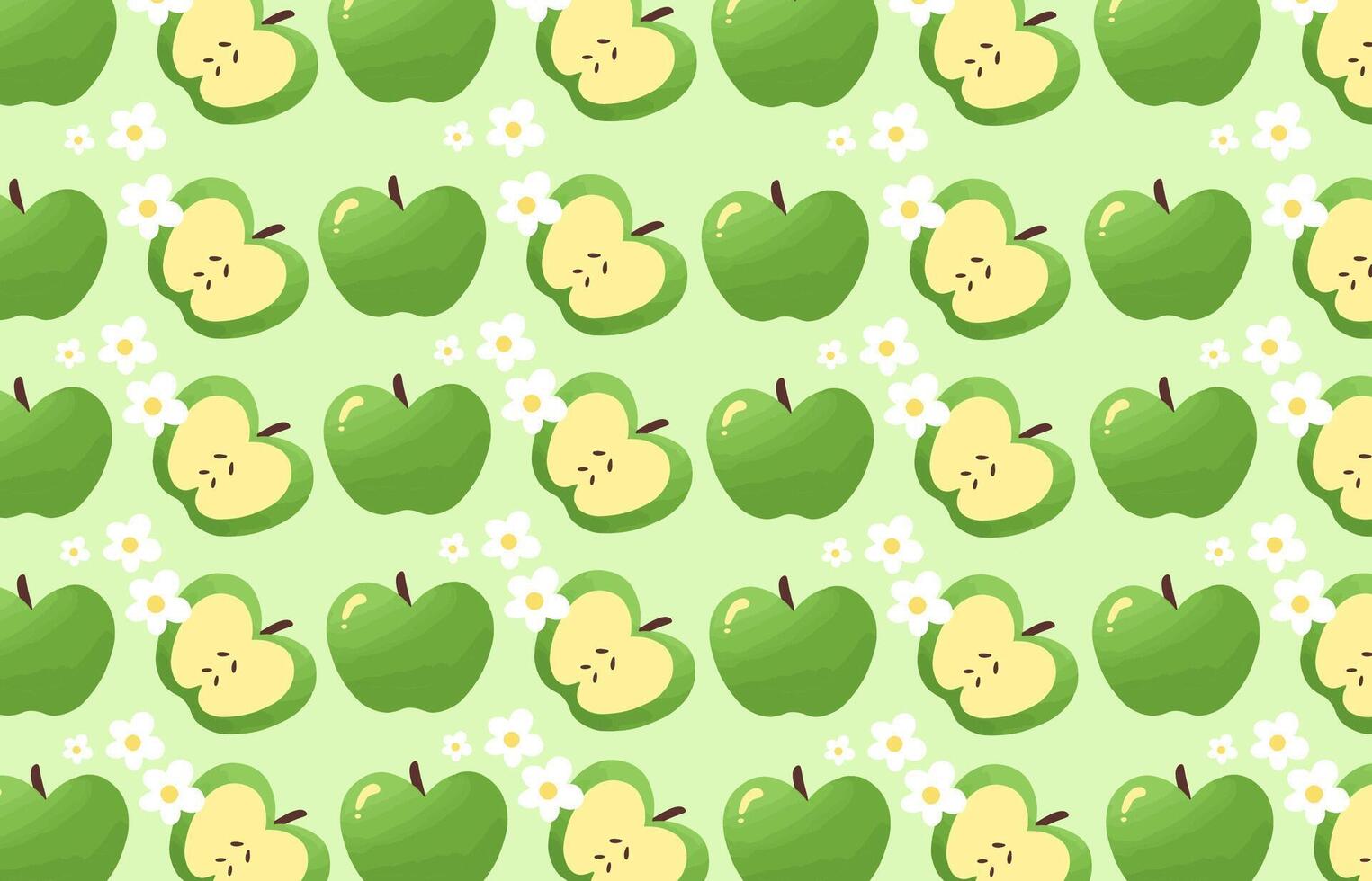 Seamless fruit pattern with green apple, apple slice, flower. Repeating apple fruit background on green. Use for fabric, textile, packaging, wrapping paper, banners, Stationery Design, Digital Design vector