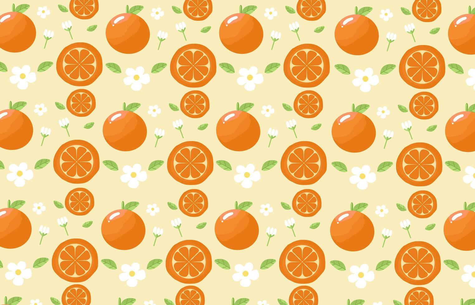 Seamless fruit pattern with orange, flowers, leaves, orange slice. Repeating background with summer fruit on yellow. Use for fabric, gift wrap, packaging, wrapping paper, banners, tablecloths vector