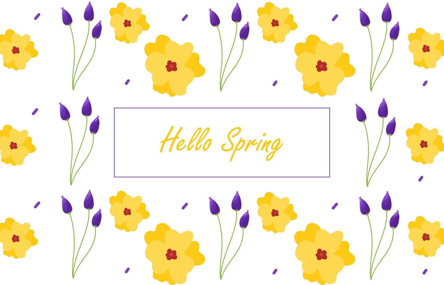 Hello spring floral pattern. Yellow and purple spring flowers illustration. Fit for Fabric, Textile, Packaging design, Wrapping Paper, Wallpaper, Background vector
