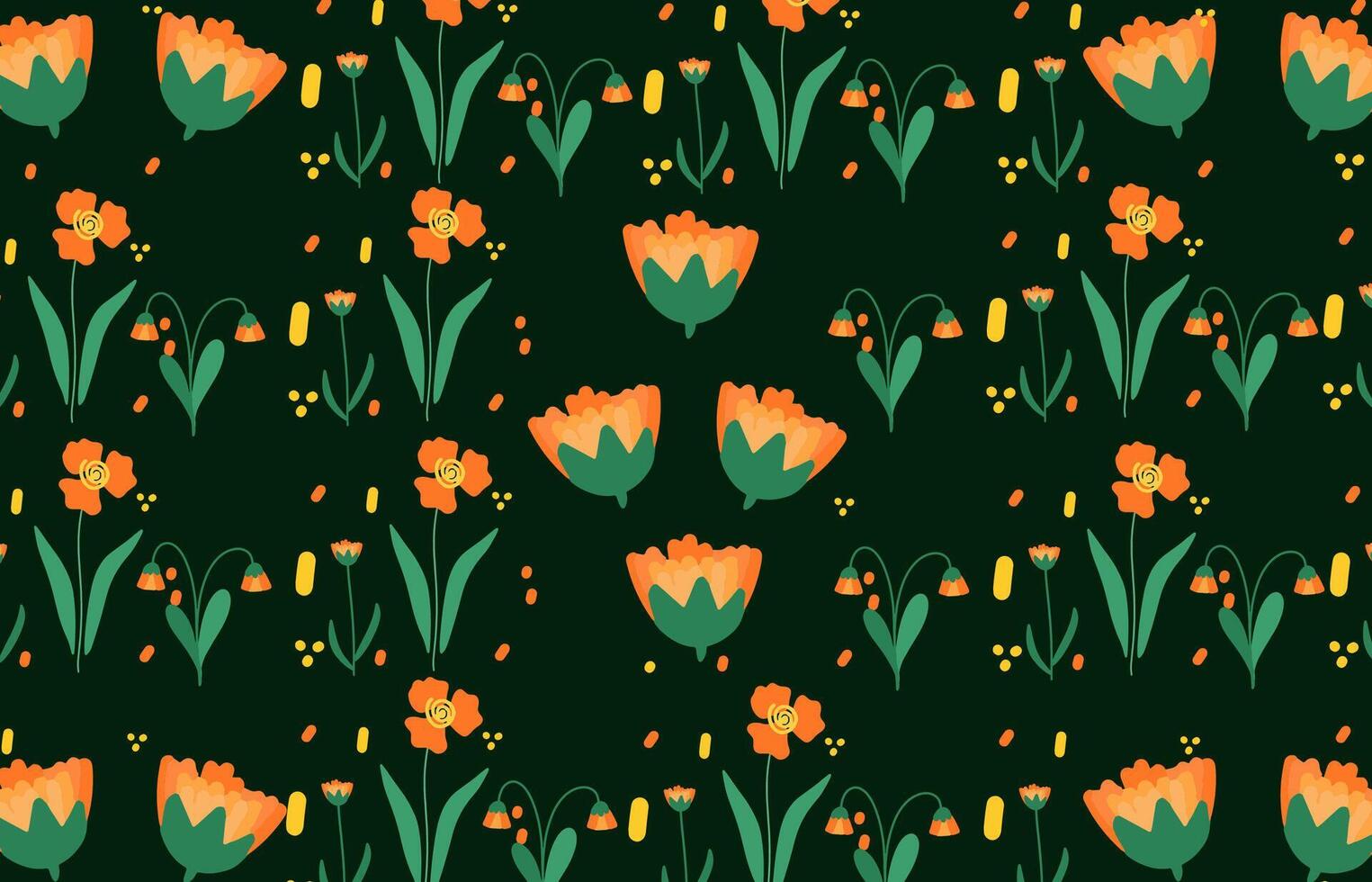 Seamless Wild Spring Pattern for Fabric, Textile, Wallpaper, and Design Projects. Wild Orange flowers on Dark Green Background vector