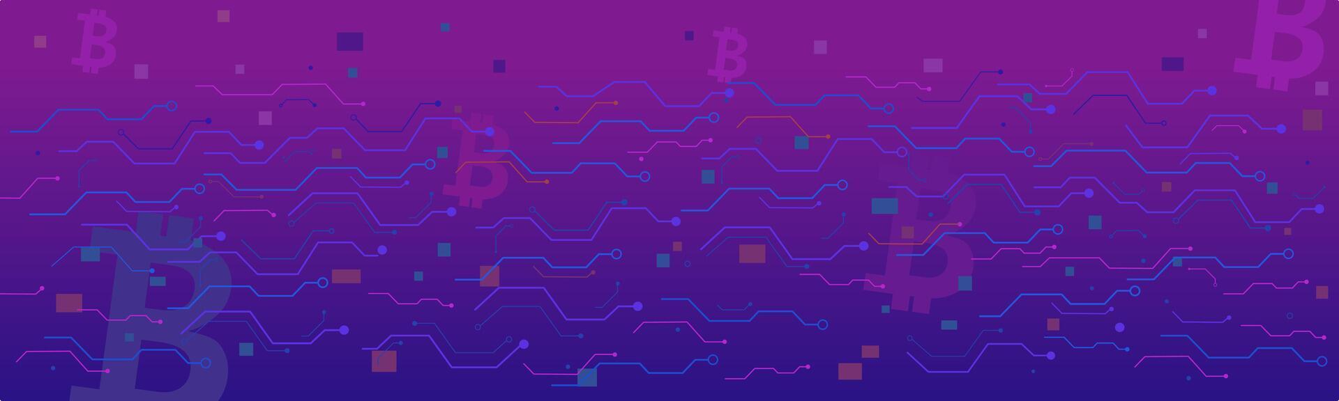 Blue and pink bitcoin sign under circuit technology concept on violet and blue background. horizontal particle and line digital, electronic abstract. vector