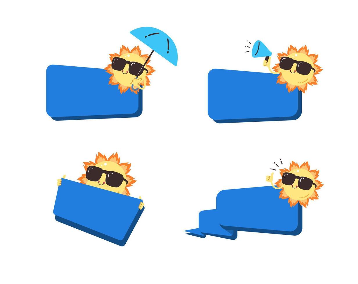 Set of cute sun wearing a sunglasses with blue blank space bubble flat vector illustration isolated on white background. Hello summer. Summer sales.