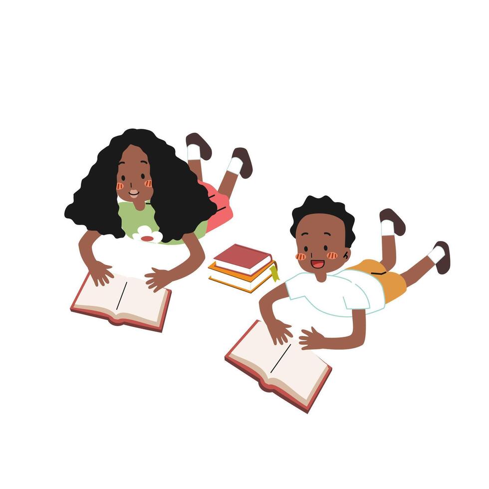 Set of cute girls and boys reading a book and enjoy studying together isolated on white background. World book day concept cartoon flat vector illustration. International literacy day.