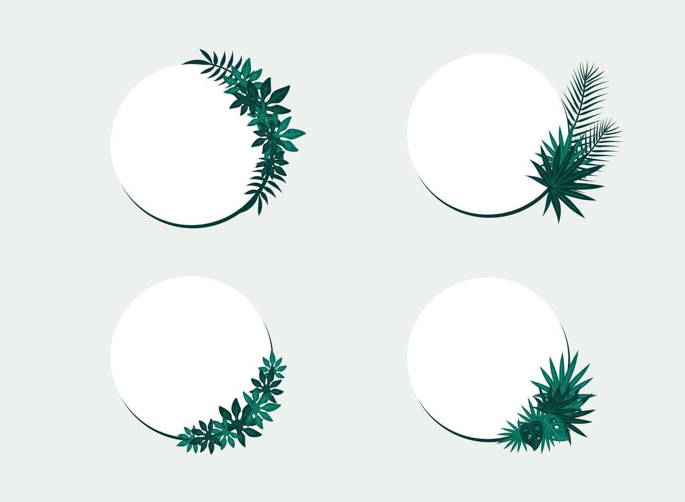 Circle frames decorated with tropical green leaves flat vector illustration isolated on white background. Natural border for invitation card.