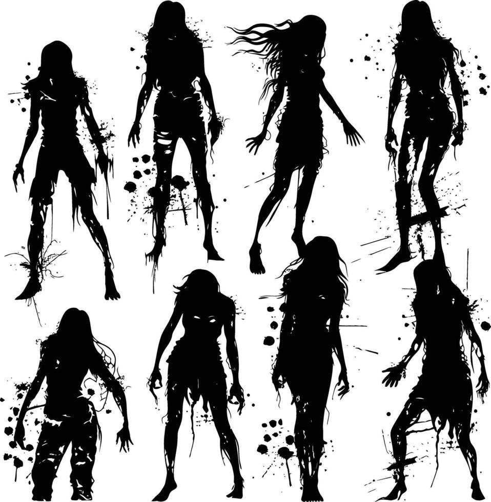 AI generated Silhouette zombie women black color only full body vector