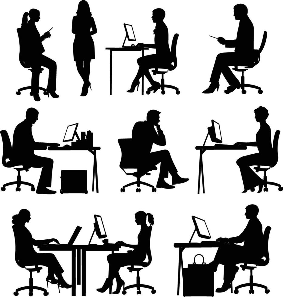 AI generated Silhouette office employees discussing at work desk black color only vector