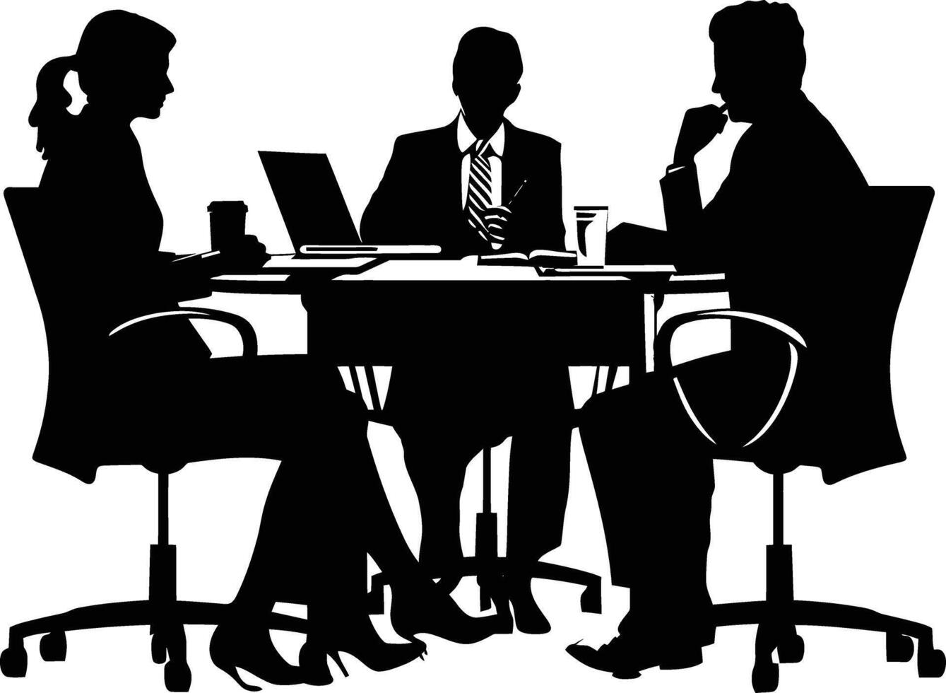 AI generated Silhouette office employees discussing at work desk black color only vector
