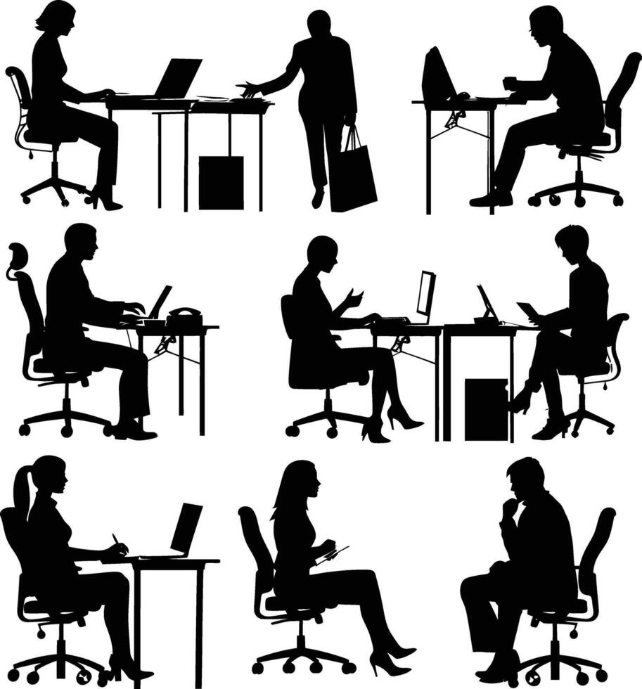 AI generated Silhouette office employees discussing at work desk black color only vector