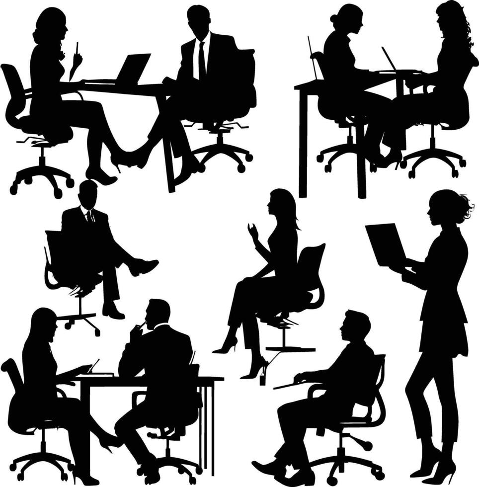 AI generated Silhouette office employees discussing at work desk black color only vector