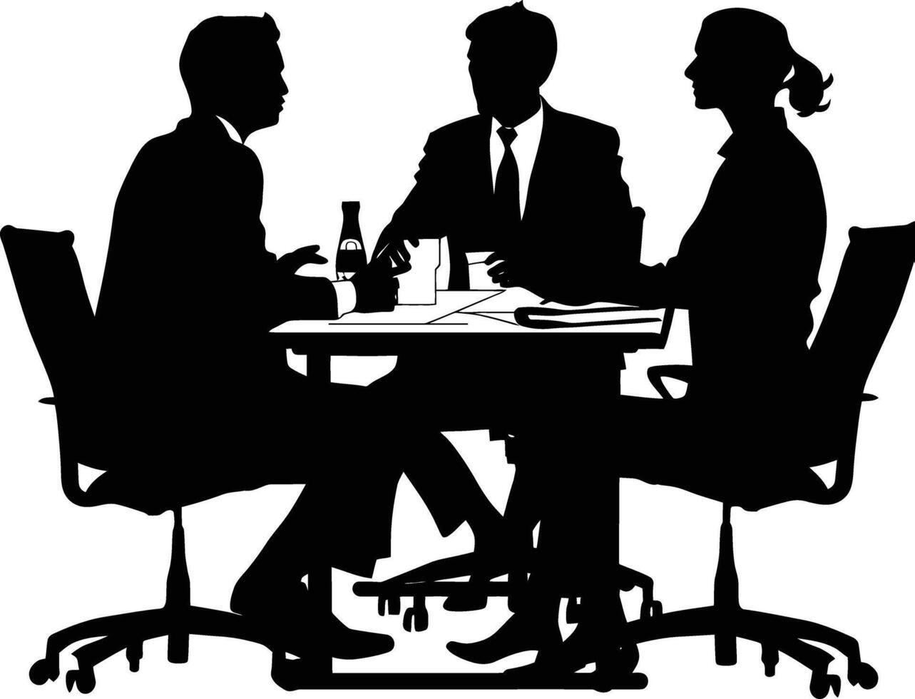 AI generated Silhouette office employees discussing at work desk black color only vector