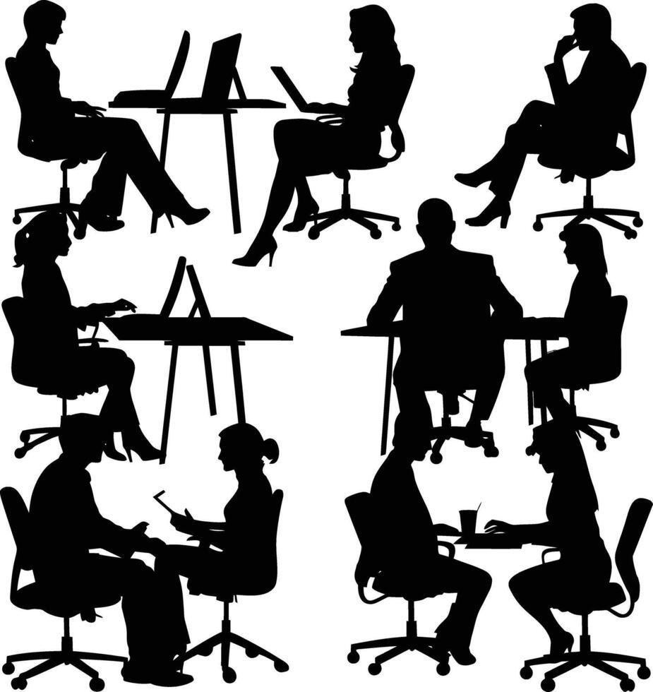 AI generated Silhouette office employees discussing at work desk black color only vector