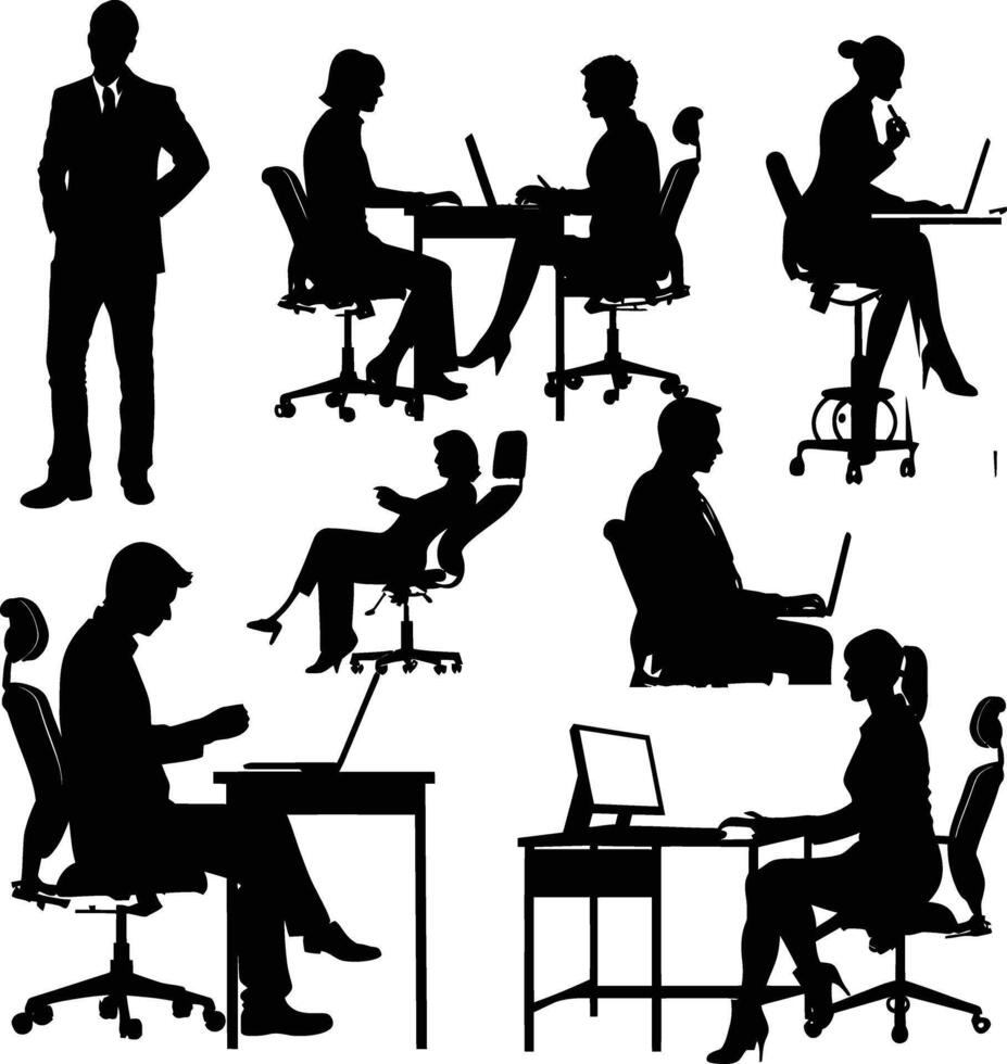 AI generated Silhouette office employees discussing at work desk black color only vector