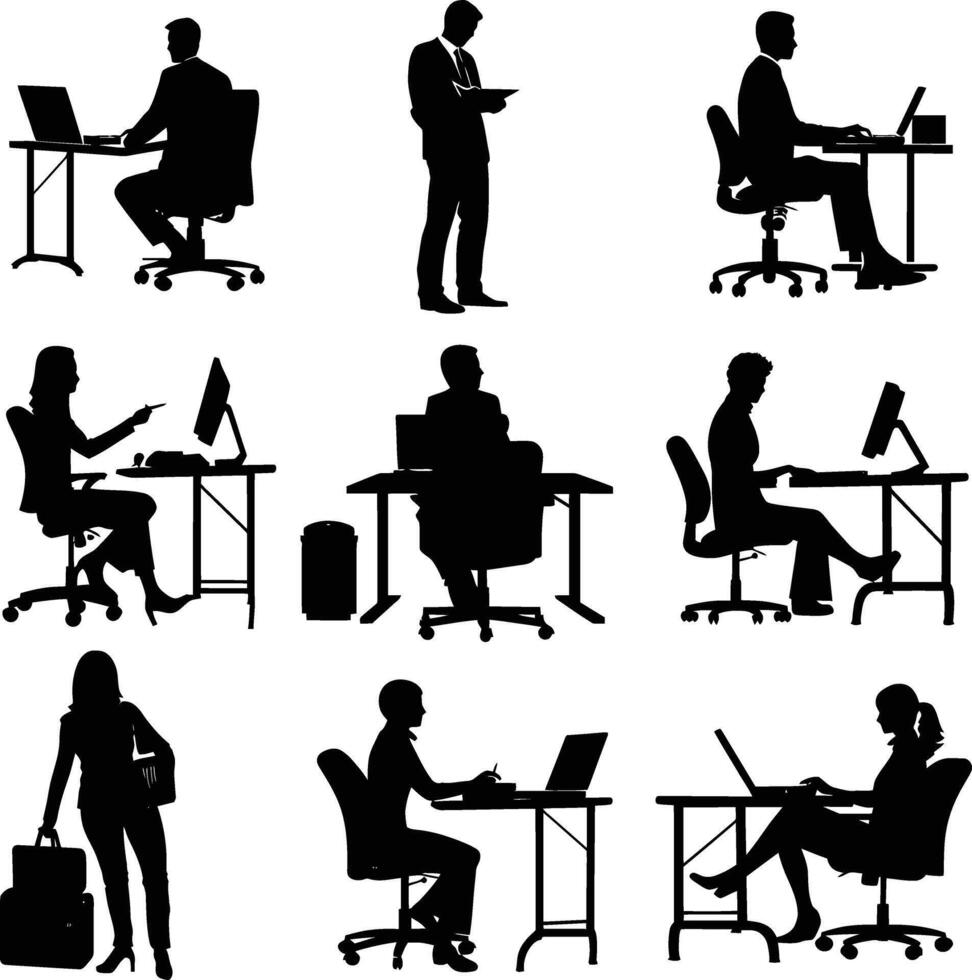 AI generated Silhouette office employees discussing at work desk black color only vector