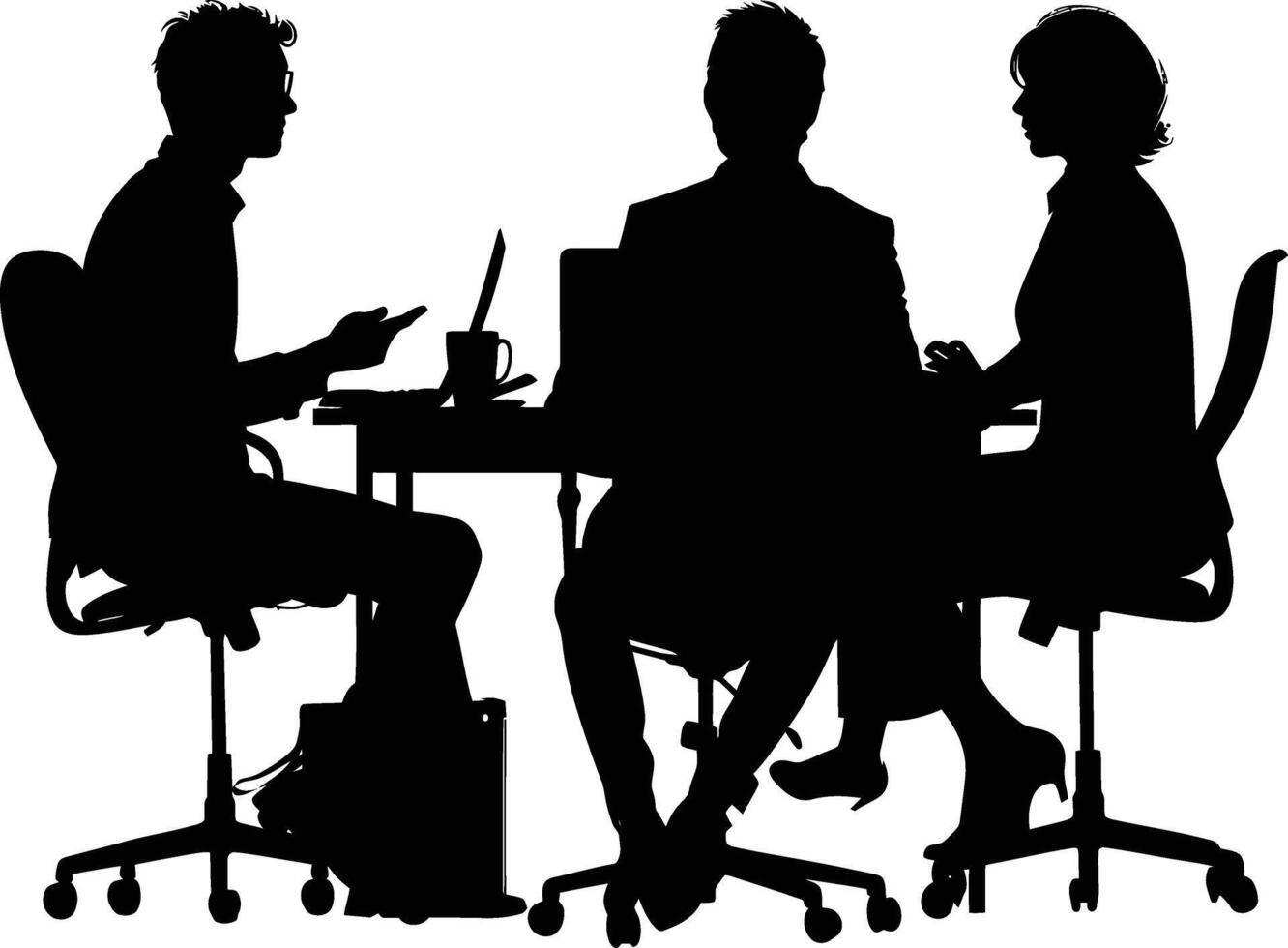 AI generated Silhouette office employees discussing at work desk black color only vector