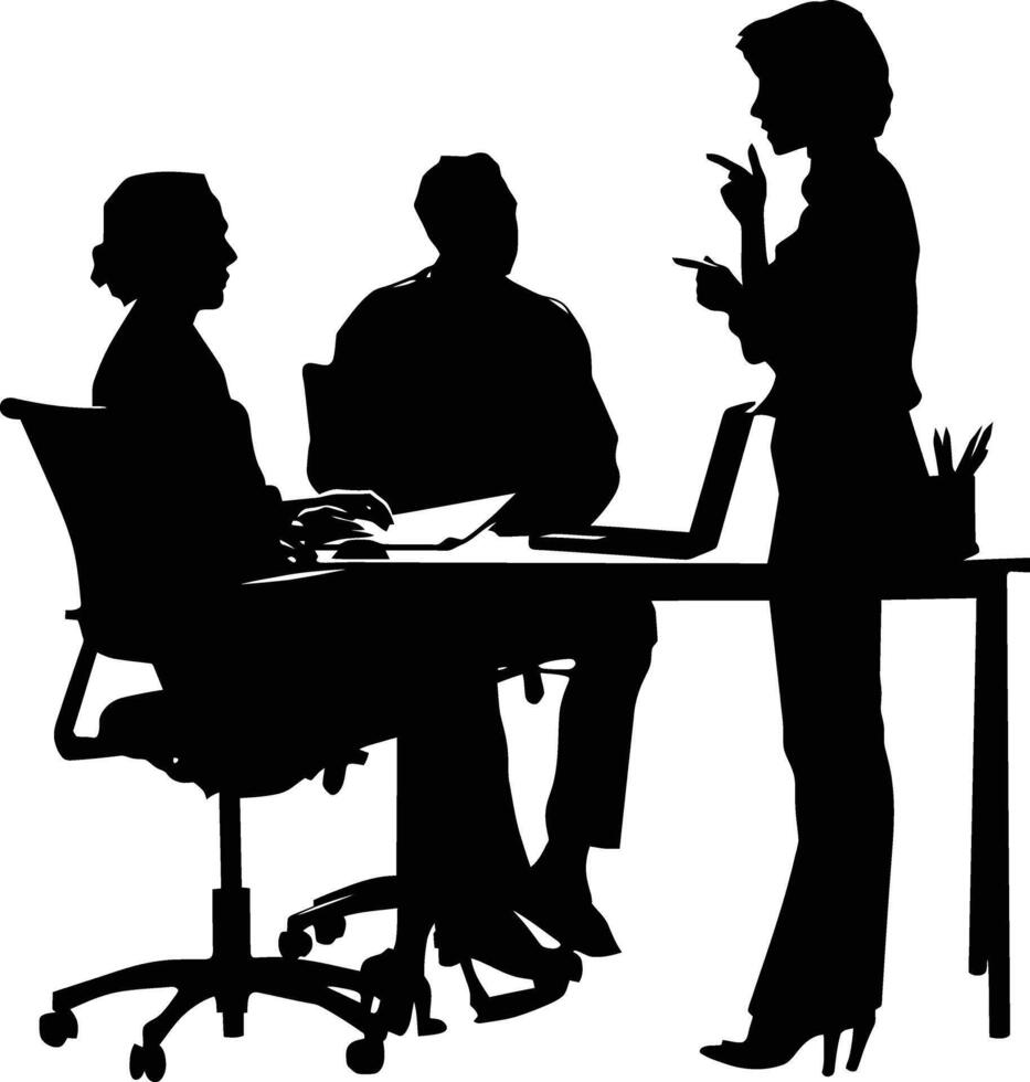 AI generated Silhouette office employees discussing at work desk black color only vector