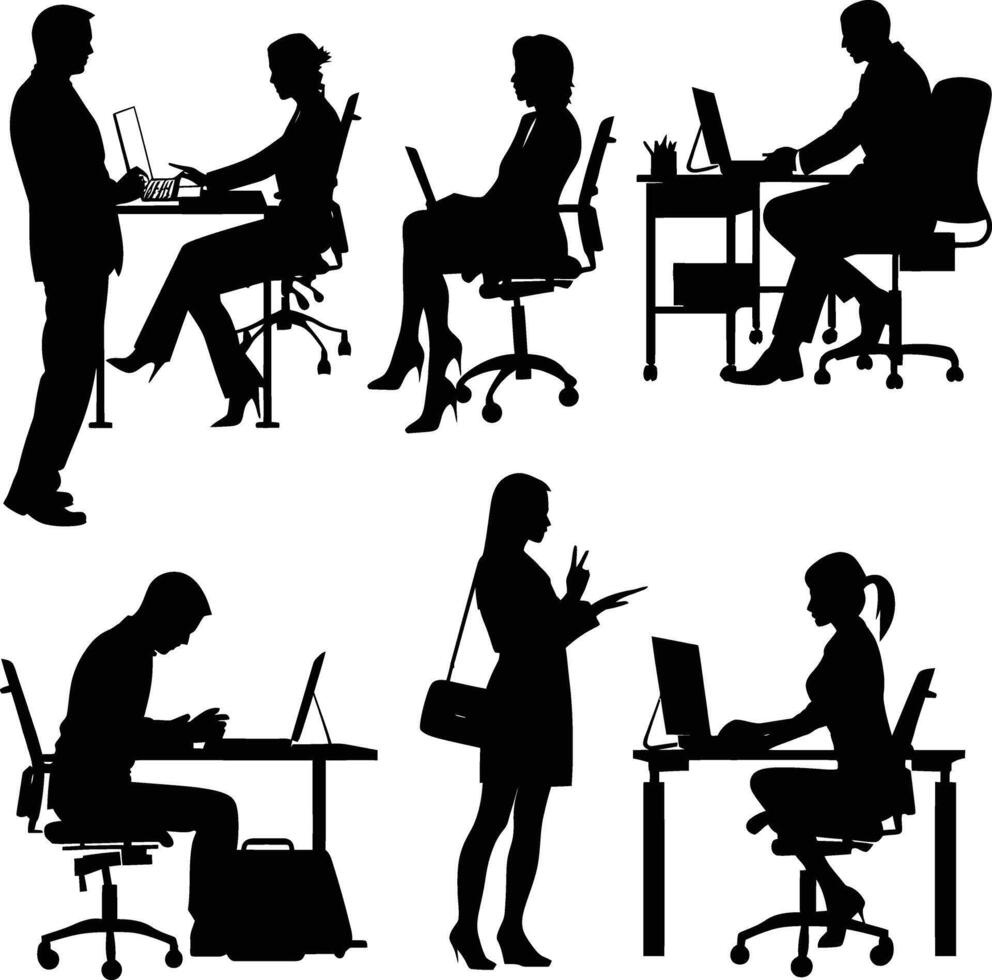 AI generated Silhouette office employees discussing at work desk black color only vector