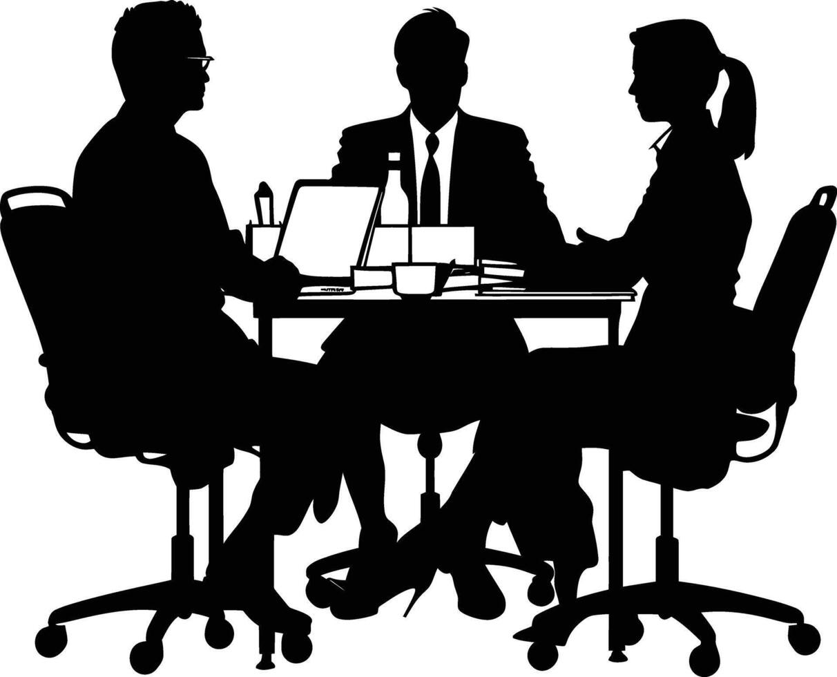 AI generated Silhouette office employees discussing at work desk black color only vector