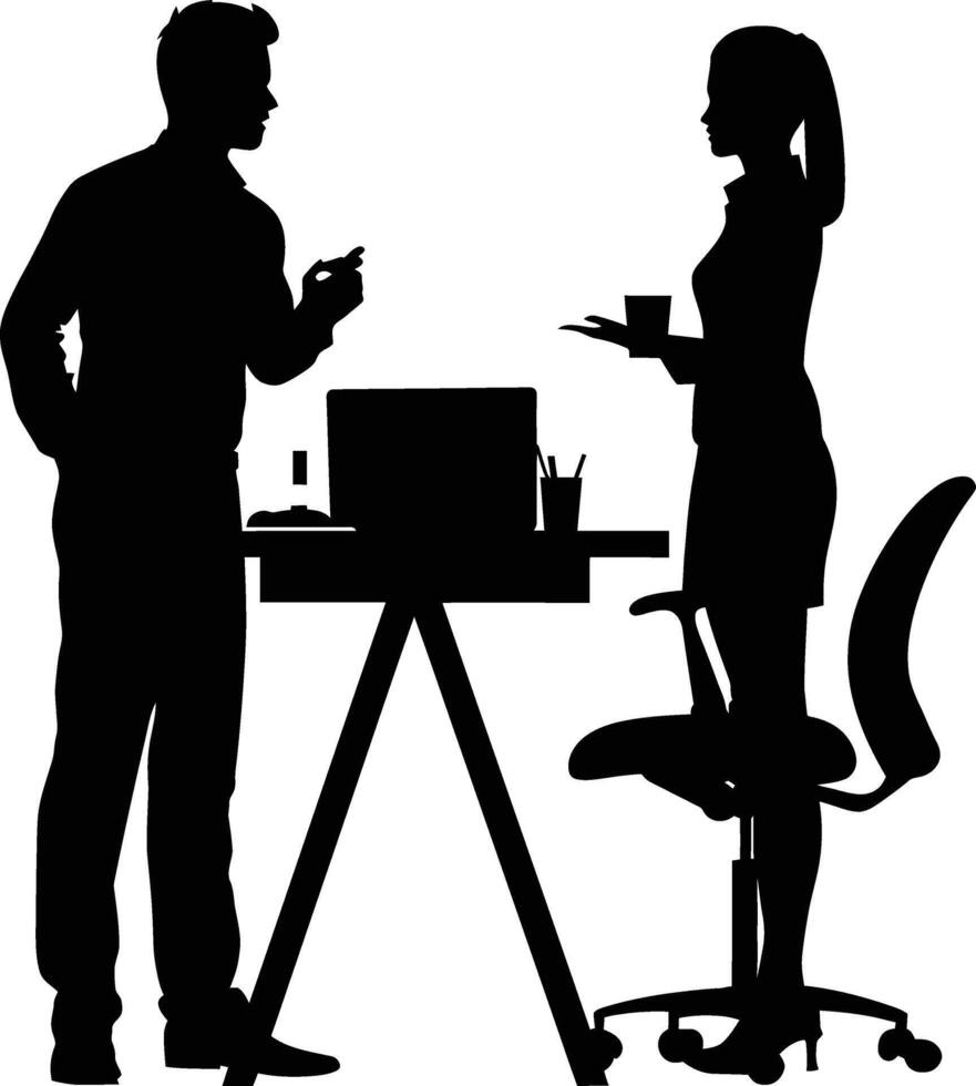 AI generated Silhouette office employees discussing at work desk black color only vector